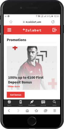 Mobile screenshot of the Zulabet promotions page